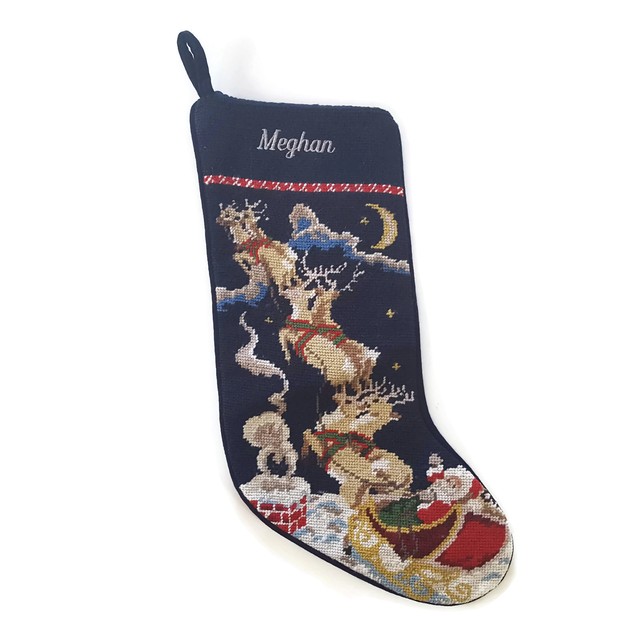 Lands End Needlepoint Christmas Stocking MEGHAN Monogrammed Santa