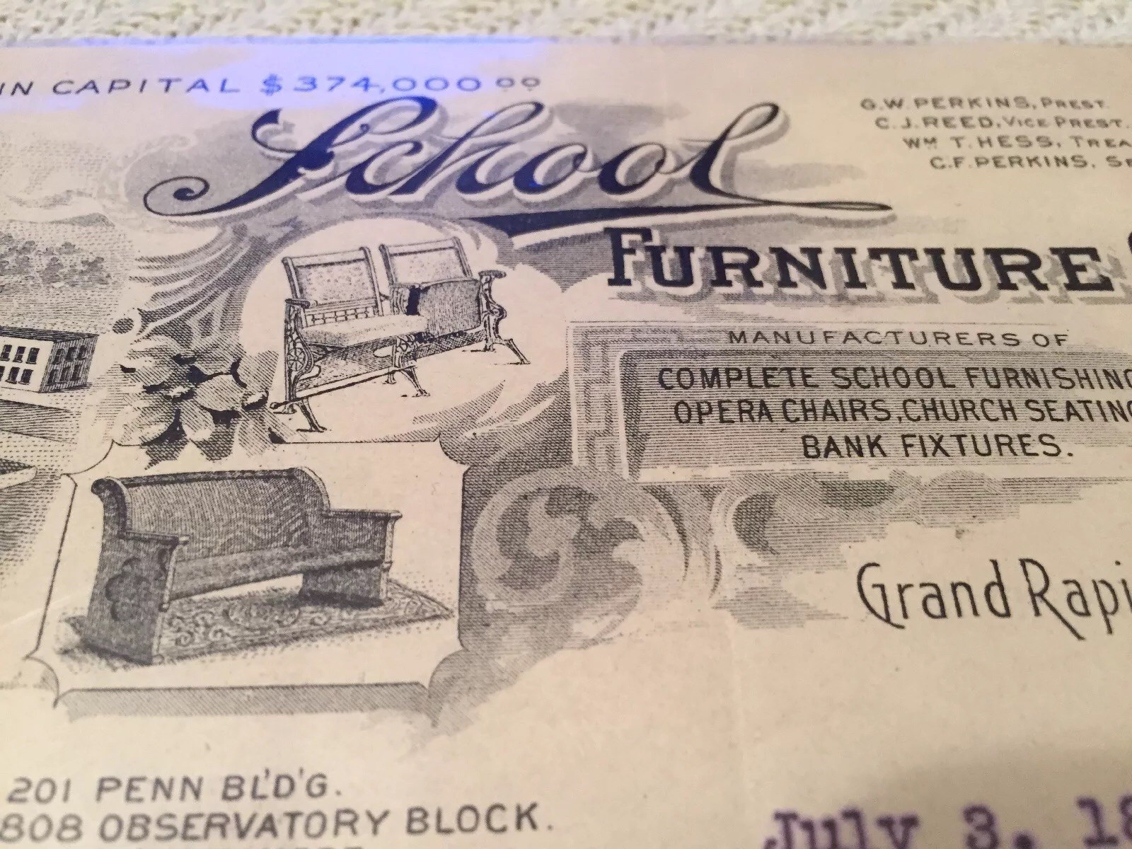 1897 Rare Billhead School Furniture Co Grand Rapids Mich