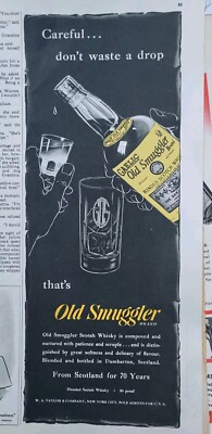 1948 W.A. Taylor Gaelic Old Smuggler blended scotch whiskey bottle vintage ad