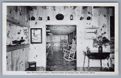 Main Entrance and Office Wind-in-Pines on Sebago Lake Raymond ME postcard B8