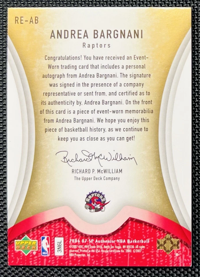 06-07 UD SP AUTHENTIC ANDREA BARGNANI ROOKIE EXCLUSIVE WORN JERSEY AUTO /60 RARE - Image 2 of 2