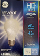 GE 60W Reveal Pure Clean Light (43Watt Usage) 1 Pack - 4 Bulbs
