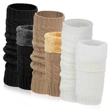 Pairs Fleece Lined Leg Warmer, 80s Cable Knit Warm 3 Black/White/Light Gery