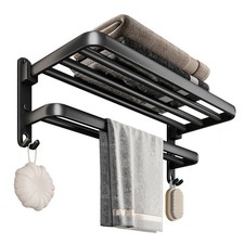 Bathroom Wall-Mounted Towel Rack Foldable Store Storage Rack Space-Saving Bla...