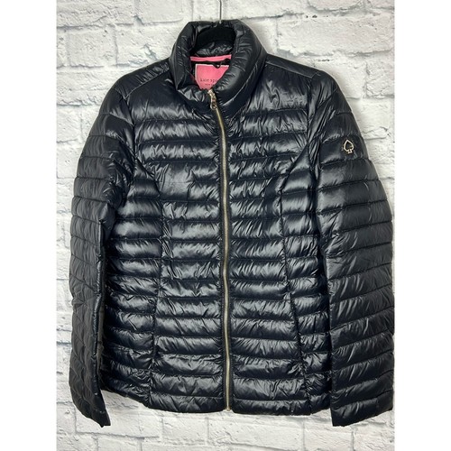 Kate Spade New York Black Down Puffer Jacket M Packable Hood Gold Spade