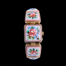 NOS Vintage Chaika Watch Women Pink Dial Hand Painted Enamel Finift Secret Cover