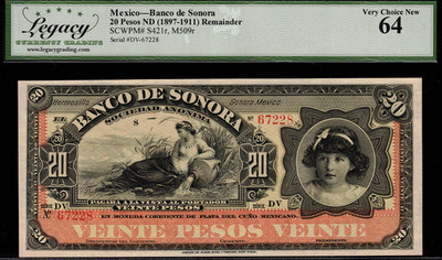1897-1911 Mexico Banco de Sonora 20 Pesos P-S421r Legacy 64