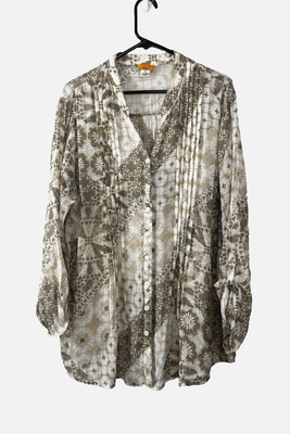 Ruby Road Geo Floral Lightweight Airy Button Down Blouse Womens 1X Layer Coastal