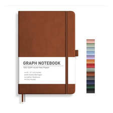 A5 Brown Hardcover Graph Notebook, 96 Sheets/192 Pages, Pocket  Elastic