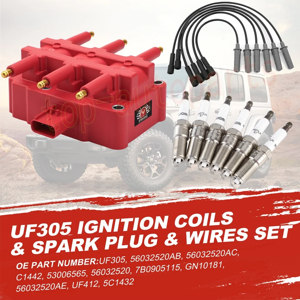 Juego de bobinas de encendido y bujías de iridio UF305 y cables para Jeep Wrangler 2007-2011 Foto 2 de 4