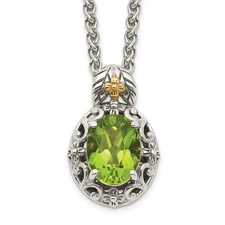 Sterling Silver with 14K Gold Accent Antiqued Oval Peridot Pendant Necklace 18"