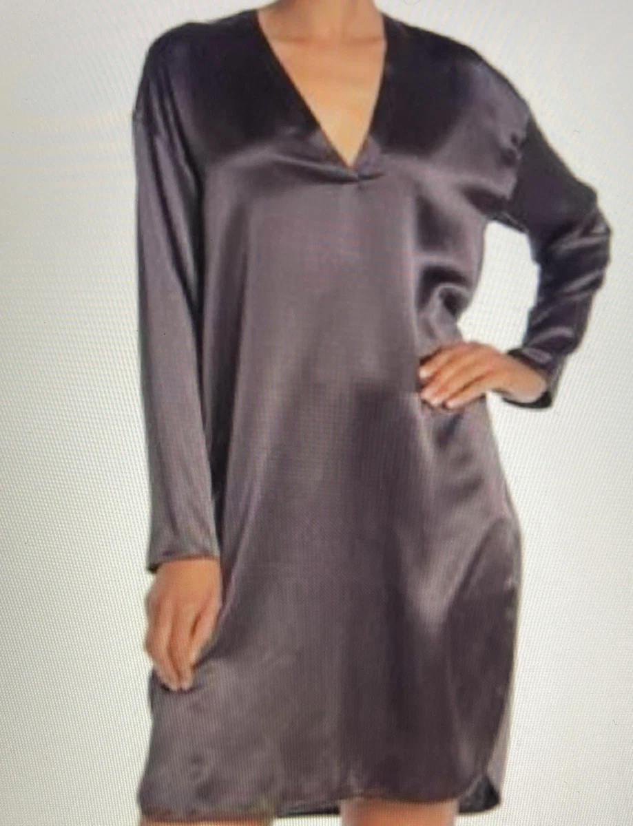 vince satin silk tunic dress VINCE Navy V-Neck Long Sleeve 100% Silk Curved Hem Tunic Mini Dress S = 4/6