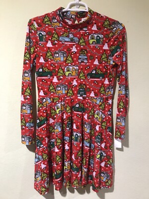 Born Famous Velvet Ugly Christmas Long Sleeve Dress Camper Truck Snowman Sz S z1