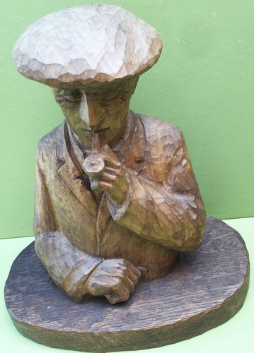 SCULPTURE BOIS 40 CM HOMME BASQUE AU BERET FUMANT LA PIPE ART POPULAIRE - Picture 2 of 10