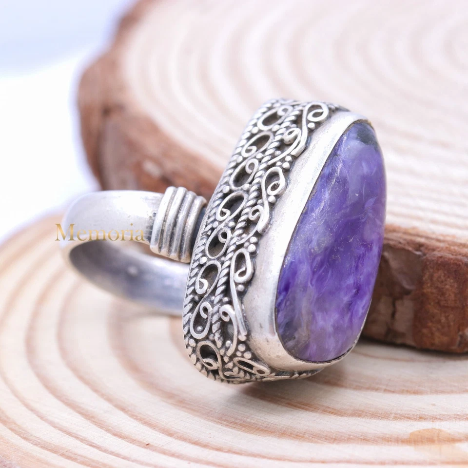 Anello Dichiarativo In Charoite In Argento Sterling 925 Fatti A Mano Da Uomo - Immagine 2 di 4