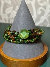 Handmade Five Strand Green and Brown Glass Beaded Bracelet