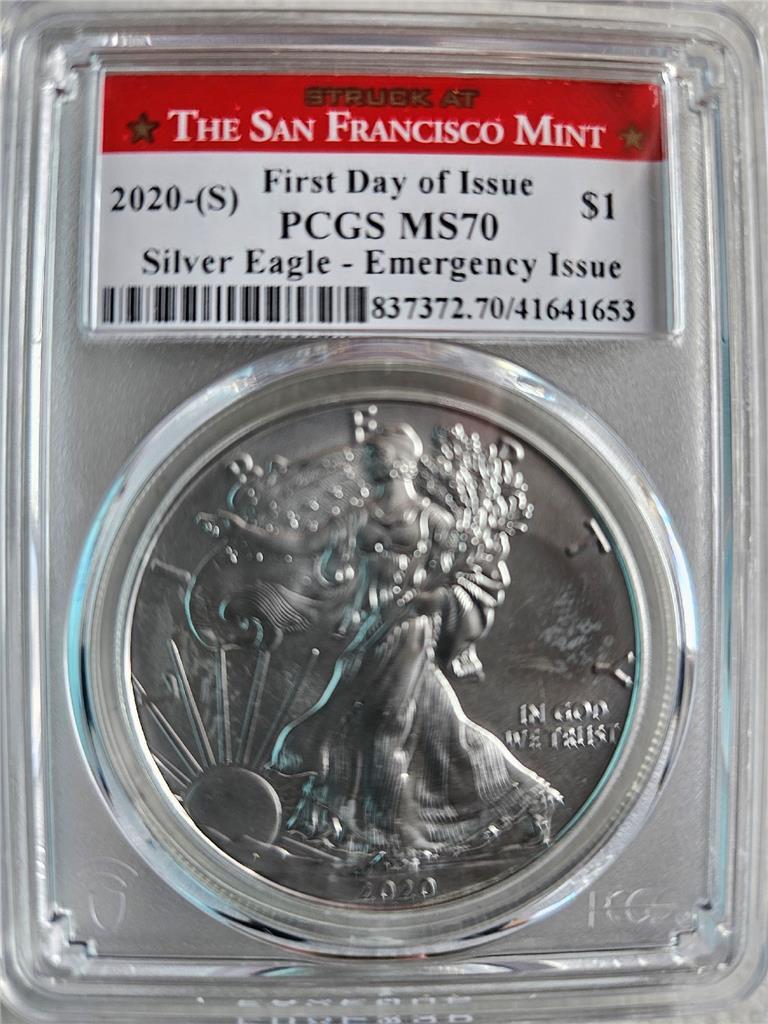 Silver Eagle Dollar, 2020-S First Day of Issue PCGS MS 70