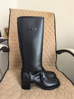 Salvatore Ferragamo Gancini Knee High Rain Rubber Wellington Boots