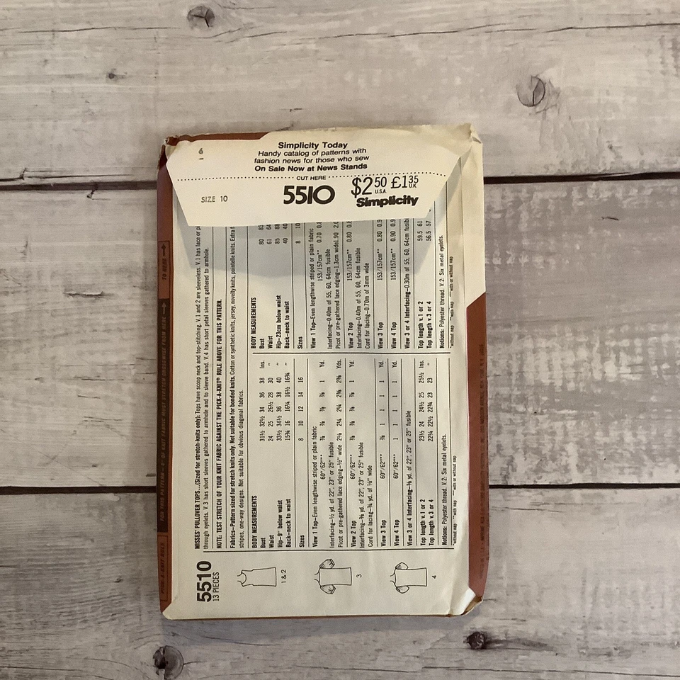 Simplicity 5510 Sewing Pattern Pullover Knit Top Shirt Misses Sz 10 UNCUT 1980’s - Image 2 of 4