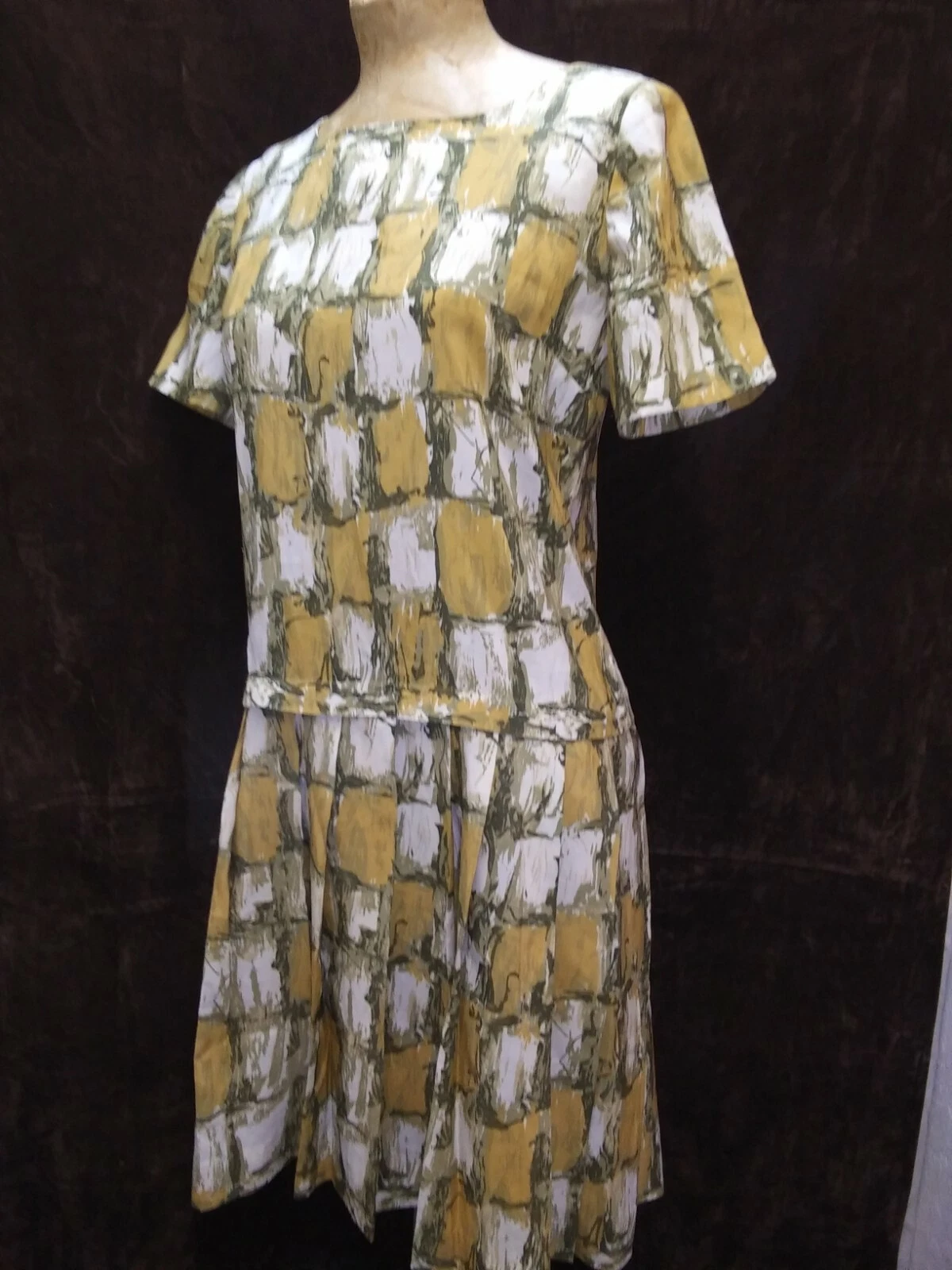1960's Olive Green Mustard Yellow White Nylon Mod Dress Brie Originals S/M