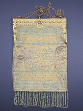 Vintage Beaded Gold Green Floral Micro Bead Purse Evening Bag with Twist Fringe