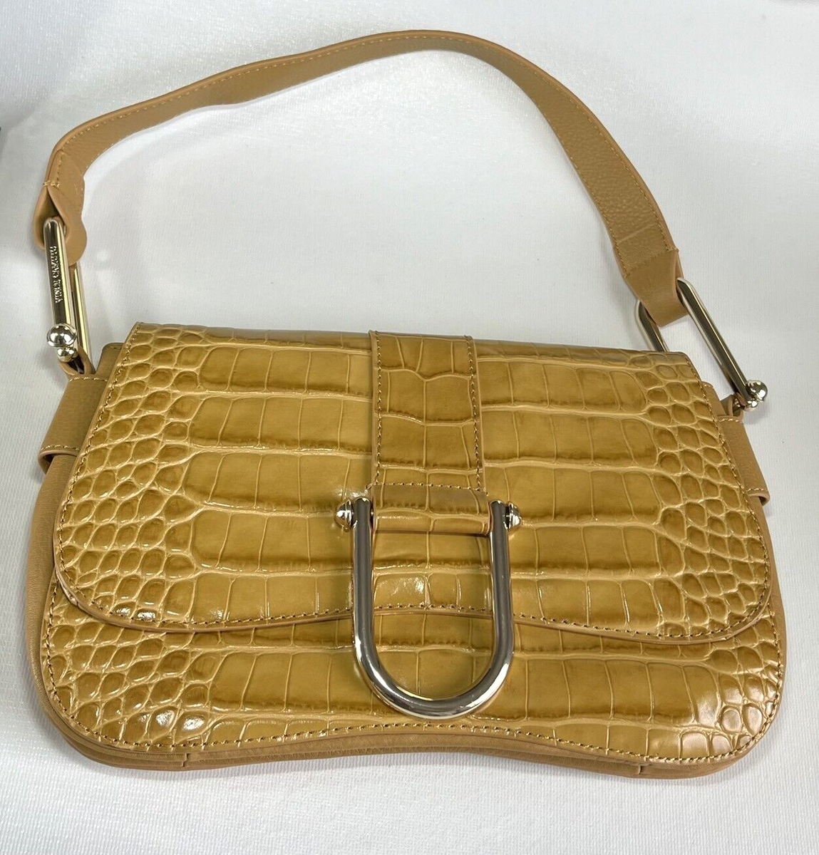 Vince Camuto Caramel Croc Embossed Leather Shoulder Bag Purse w
