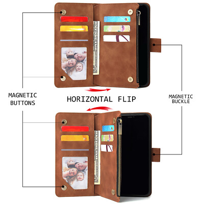 For Motorola Moto E6 Wallet Case Zipper Pocket Flip Card Wrist
