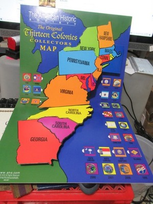 AHS Original Map Der 13 Kolonien Sammlerkarte Mit Farbigen State Quarters & COA