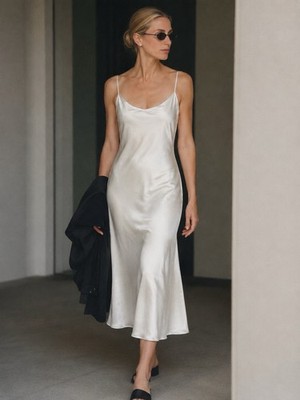 Rachel Zoe Ivory Satin Midi Slip Dress   Minimalist 90s Aesthetic Bias Cut Dress