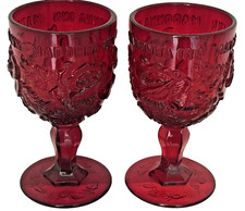 MADONNA INN Pair Fenton Pressed Glass Wild Rose Red Water Goblets-16.5 cm high