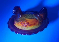 Vtg Mosser Glass Salt Cellar Dip Ruby Red Orange UV Slag Glow Glass Hen on Nest