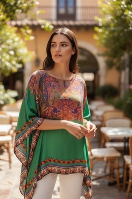 Sundance O/S Green Paisley Boho Poncho Top Caftan Tunic Viscose Festival