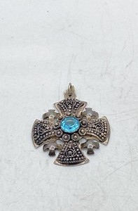 Jerusalem Silver 999 Stamped Sterling 925 Aquamarine Cross Pendant 15.2g
