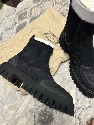 NEW GUCCI LUXURY MEN'S GG BLACK CANVAS ANKLE BOOTS SHOES 7/US 7.5