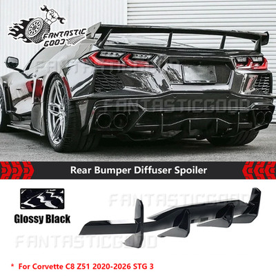 For Corvette C8 Z51 Stingray 20-26 STG 3 Gloss Blk Rear Bumper Diffuser Spoiler