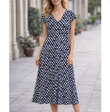 CHAPS Navy White Polka Dots Midi Dress Women’s M jersey knit v-neck casual long
