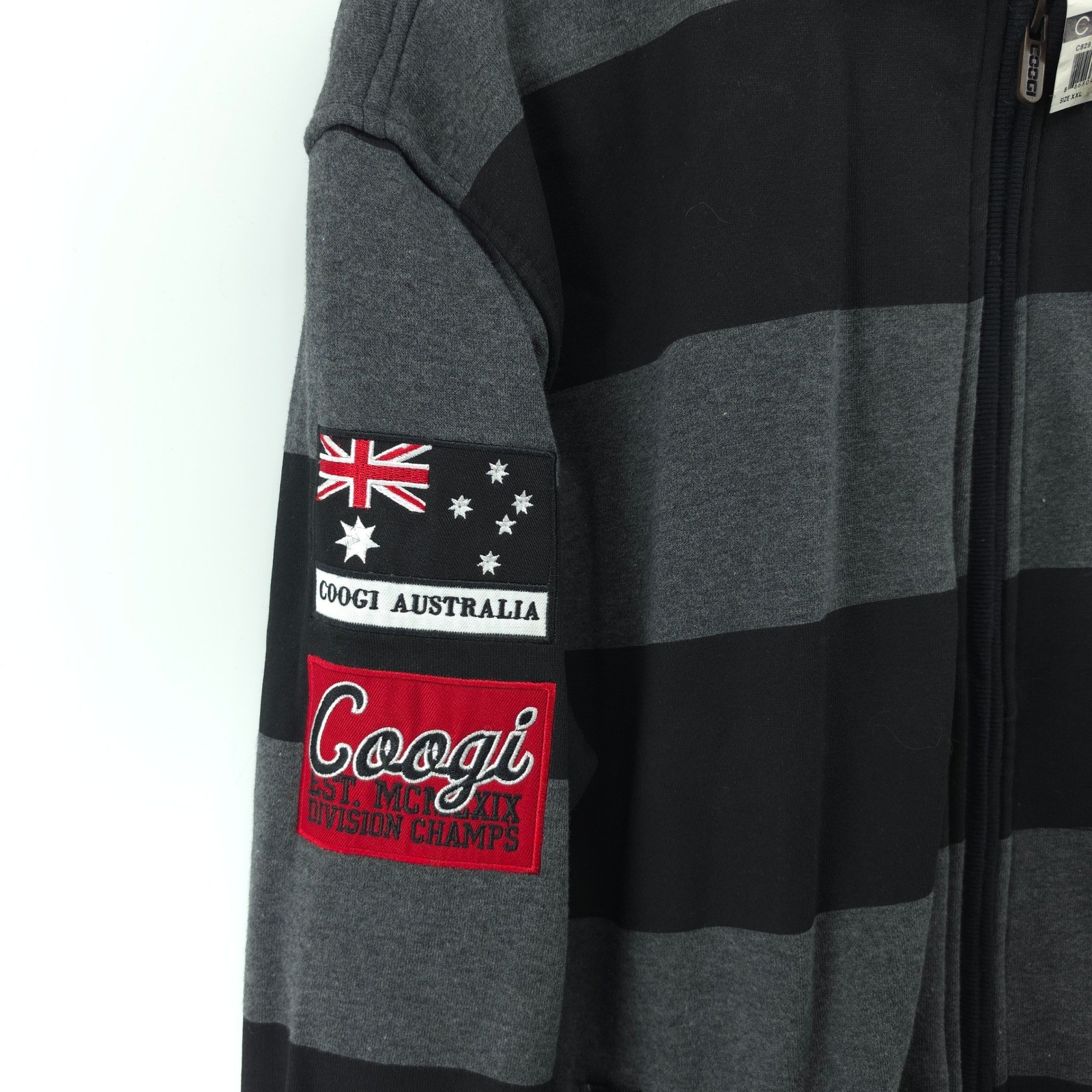 Coogi Mens Full Zip Hoodie Cotton Poly Black Grey Striped XXL Embroidered Patch image 6