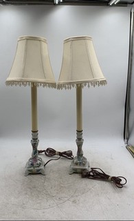 Vintage Multicolor Porcelain Candlestick Beaded Shade Table Lamps Lot Of 2