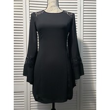 Express Bell Sleeve Dress Women's Size 0 Black Lace Inlay Sheath Back Zip Mini