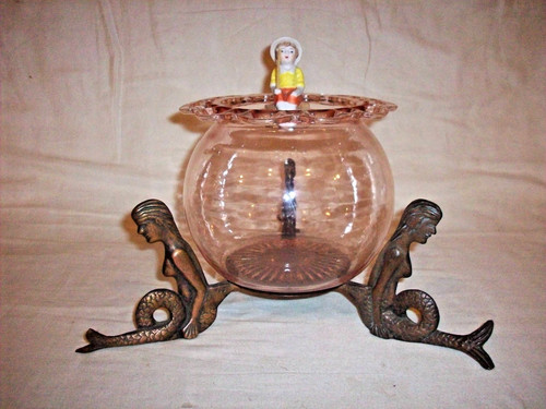 ANTIQUE VERONA FISH BOWL & HOLDER BRASS PLATED CAST IRON MERMAIDS ART DECO