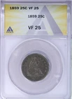 1859 Liberty Seated Quarter 25c ANACS VF25