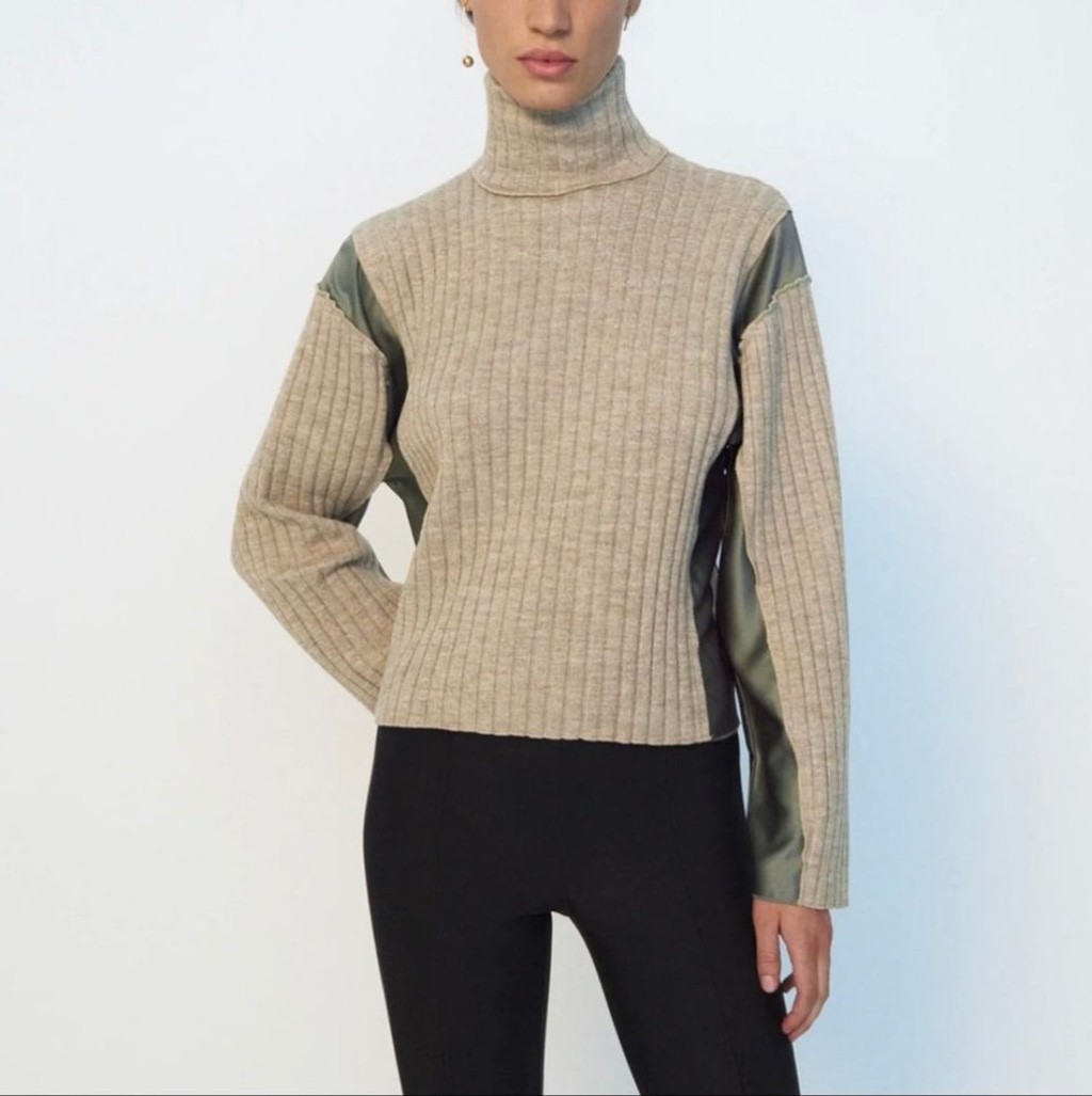 Women's ZARA Beige Ribbed Turtleneck Sweater with Green Panels S