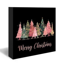 Best Christmas Tree Wood Box Sign Merry Desk Shelf Decor, Black and Pink Winter