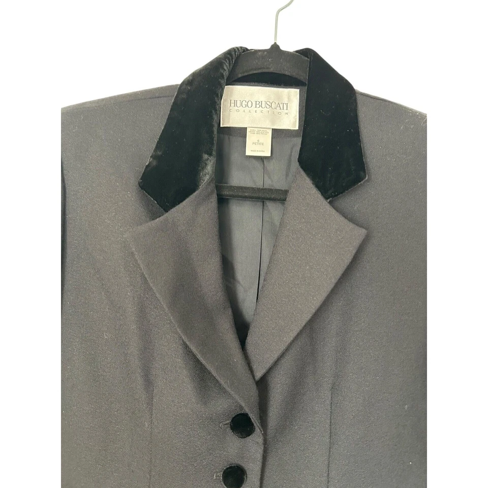 Blazer Colección Hugo Buscati Talla 6P Negro 100% Lana Manga Larga Ribete Piel Sintética Foto 2 de 4