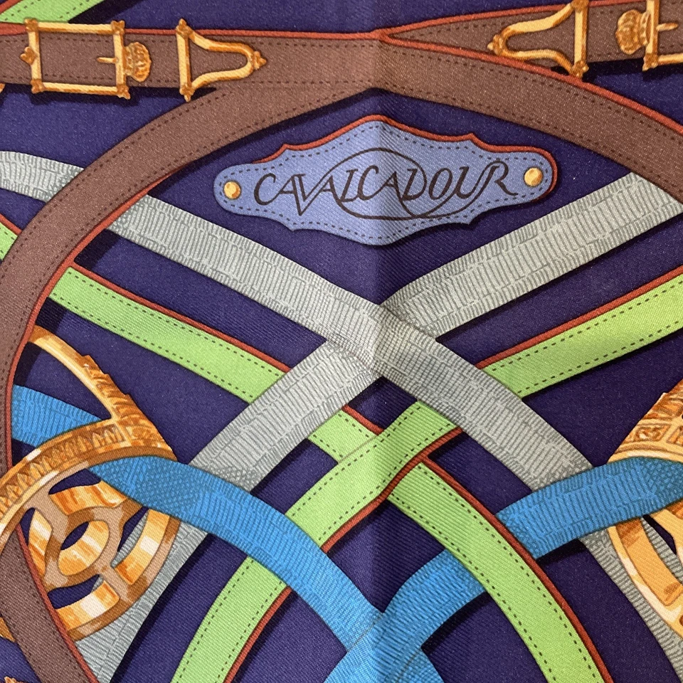 Hermes Scarf 40 Cavalcadour Orange / Navy Blue Bridles & Reins 100% Silk.  - Image 2 of 4