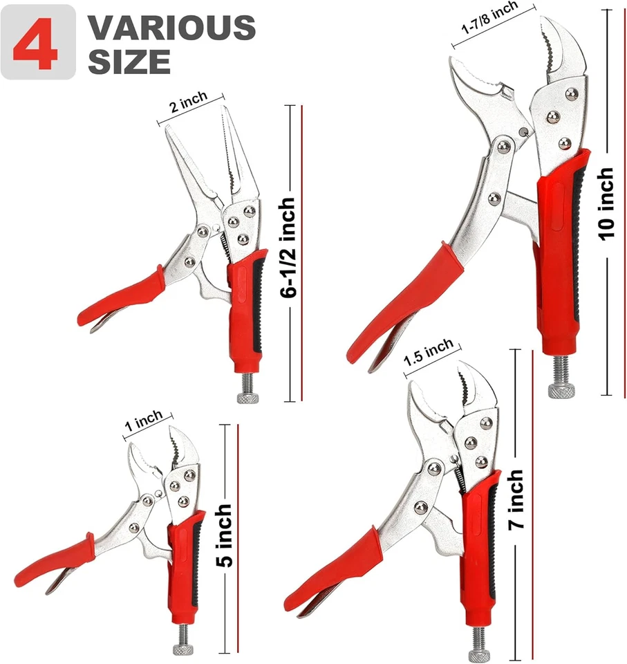 4Pzs Pinzas de Presion Juego Llave Mordaza Curva y Punta Fuerte Agarre 5 7 10in - Image 2 of 4