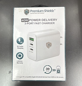 PremiumShieldz 40W PD 3-Port USB-C Fast Charge Wall Charger, White 100-240V