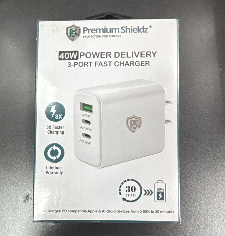 PremiumShieldz 40W PD 3-Port USB-C Fast Charge Wall Charger, White 100-240V