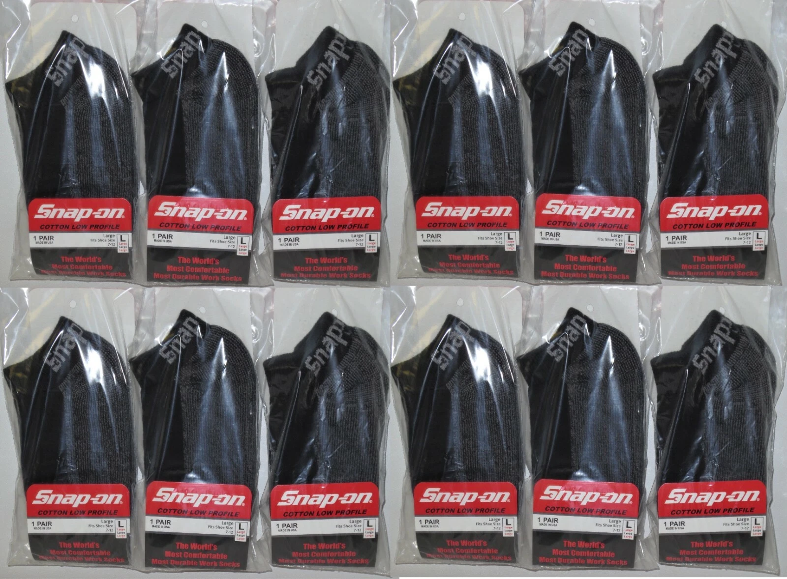 12 PAIRS Men's BLACK Snap-On LOW PROFILE Socks LARGE *FREE SHIP* MADE IN USA NEW