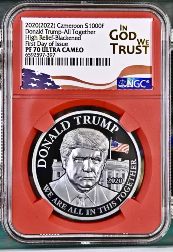 2020 (2022) CAMEROON PROOF DONALD TRUMP BLACKENED NGC PF70UCAM FDOI 1OZ W/COA